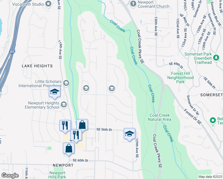 map of restaurants, bars, coffee shops, grocery stores, and more near 12503 Southeast 52nd Street in Bellevue