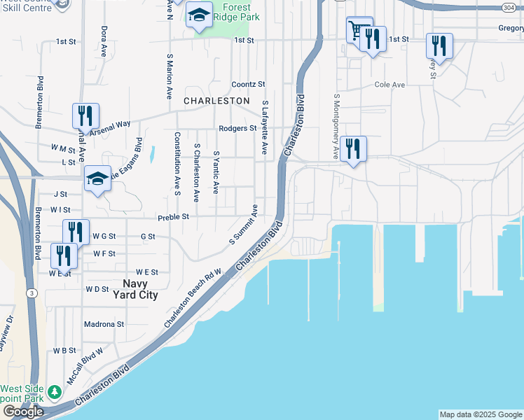 map of restaurants, bars, coffee shops, grocery stores, and more near 600 South Lafayette Avenue in Bremerton