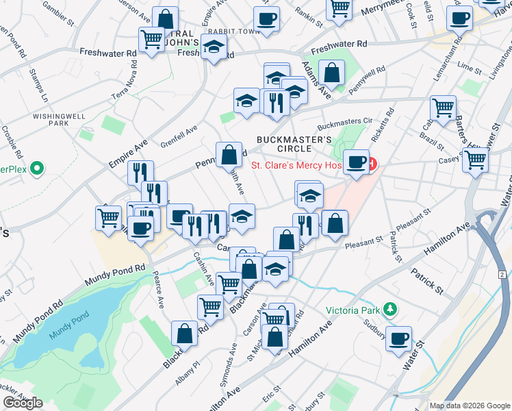 map of restaurants, bars, coffee shops, grocery stores, and more near 110 Saint Clare Avenue in St. John's