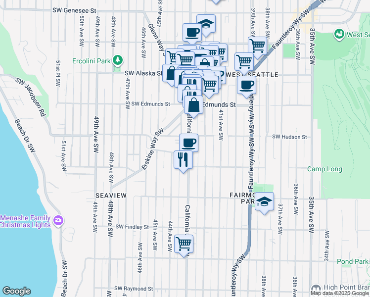 map of restaurants, bars, coffee shops, grocery stores, and more near 5025 California Avenue Southwest in Seattle