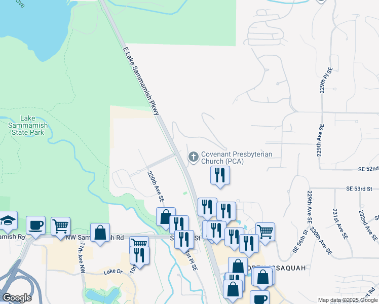 map of restaurants, bars, coffee shops, grocery stores, and more near 22122 Southeast 51st Place in Issaquah