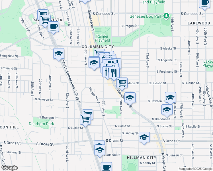 map of restaurants, bars, coffee shops, grocery stores, and more near 3701 South Ferdinand Street in Seattle