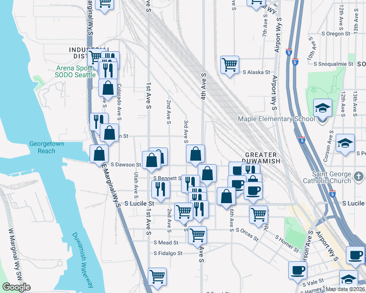 map of restaurants, bars, coffee shops, grocery stores, and more near 210 South Hudson Street in Seattle