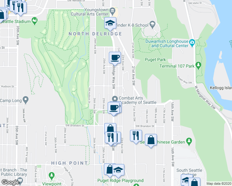 map of restaurants, bars, coffee shops, grocery stores, and more near 2316 Southwest Hudson Street in Seattle