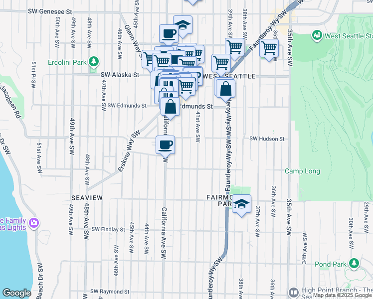 map of restaurants, bars, coffee shops, grocery stores, and more near 4115 Southwest Hudson Street in Seattle