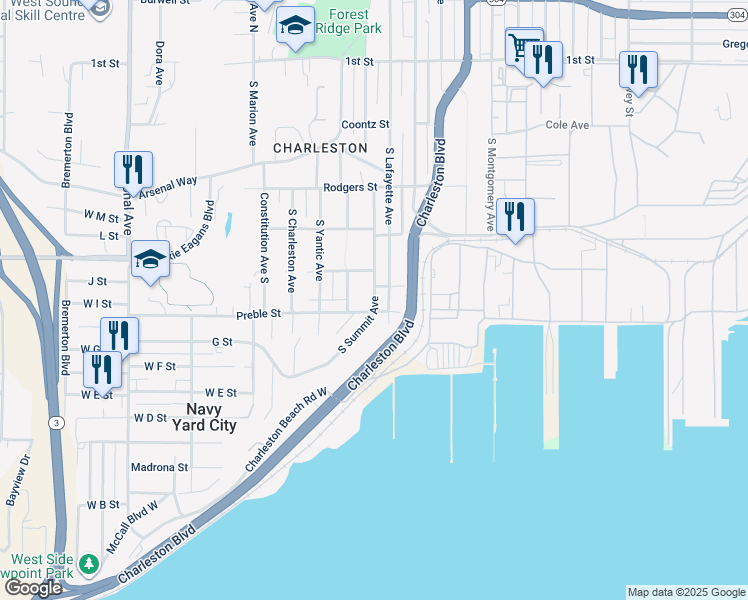 map of restaurants, bars, coffee shops, grocery stores, and more near 504 South Hartford Avenue in Bremerton