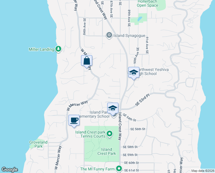 map of restaurants, bars, coffee shops, grocery stores, and more near 5045 88th Avenue Southeast in Mercer Island