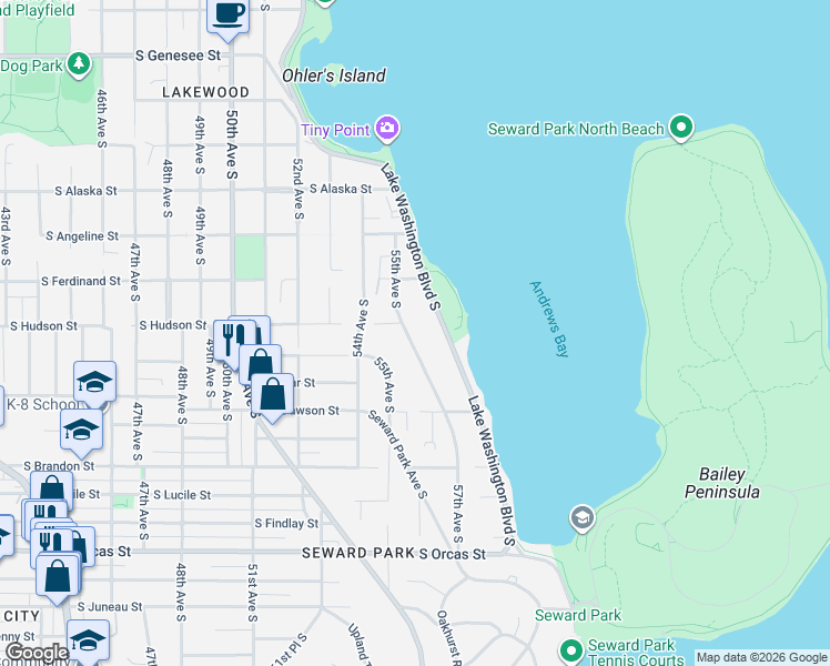 map of restaurants, bars, coffee shops, grocery stores, and more near 4927 Lake Washington Boulevard South in Seattle