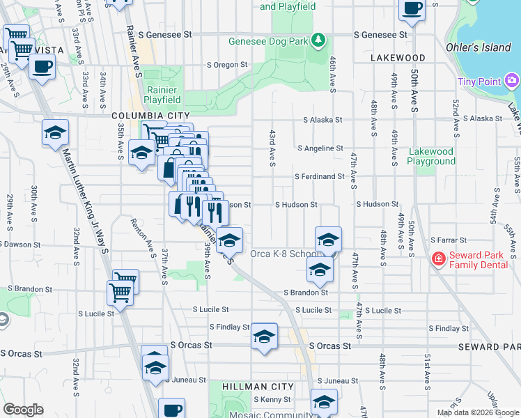 map of restaurants, bars, coffee shops, grocery stores, and more near 4921 43rd Avenue South in Seattle