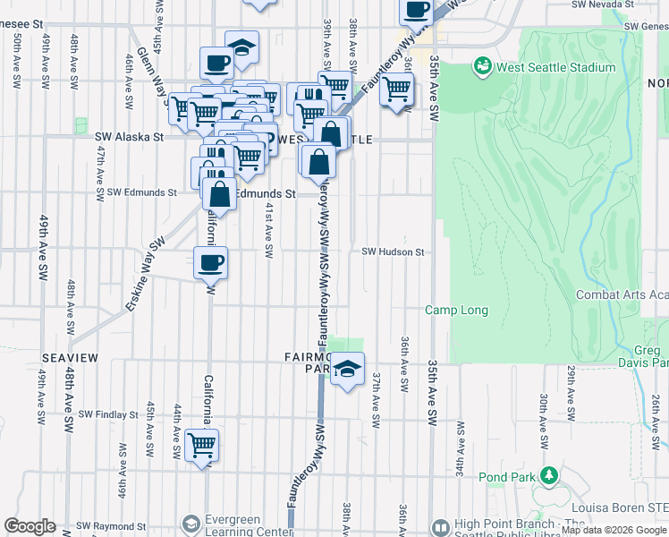 map of restaurants, bars, coffee shops, grocery stores, and more near 5001 38th Avenue Southwest in Seattle