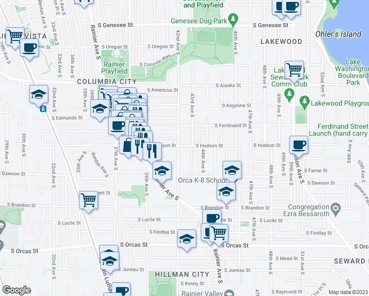map of restaurants, bars, coffee shops, grocery stores, and more near 4921 43rd Avenue South in Seattle