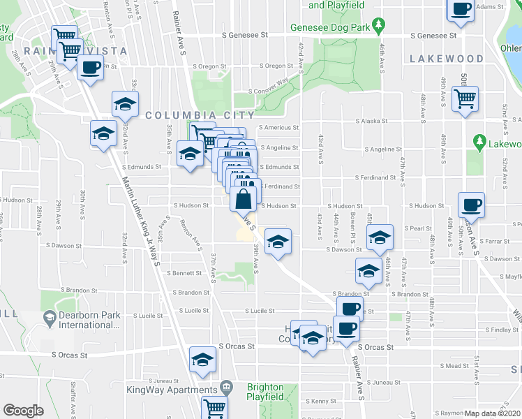 map of restaurants, bars, coffee shops, grocery stores, and more near 3907 South Ferdinand Street in Seattle