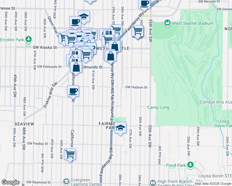 map of restaurants, bars, coffee shops, grocery stores, and more near 5001 38th Avenue Southwest in Seattle