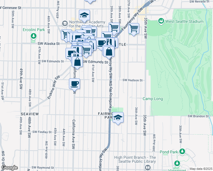 map of restaurants, bars, coffee shops, grocery stores, and more near 12 Southwest Hudson Street in Seattle