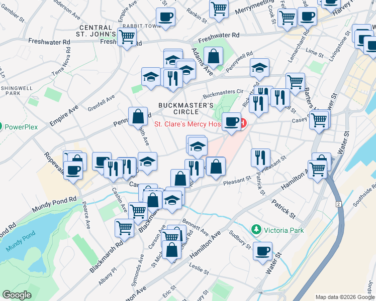 map of restaurants, bars, coffee shops, grocery stores, and more near 77 Saint Clare Avenue in St. John's