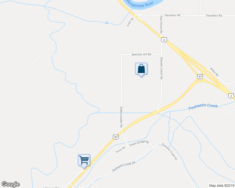 map of restaurants, bars, coffee shops, grocery stores, and more near 7698 Rollercoaster Road in Peshastin