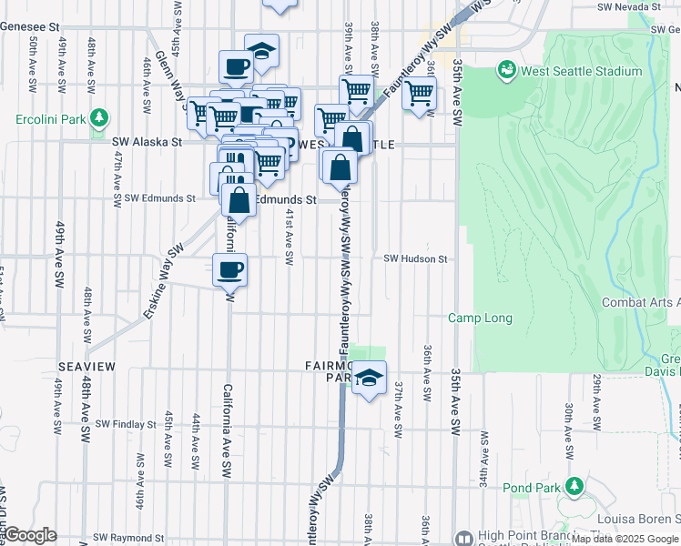 map of restaurants, bars, coffee shops, grocery stores, and more near 5015 Fauntleroy Way Southwest in Seattle