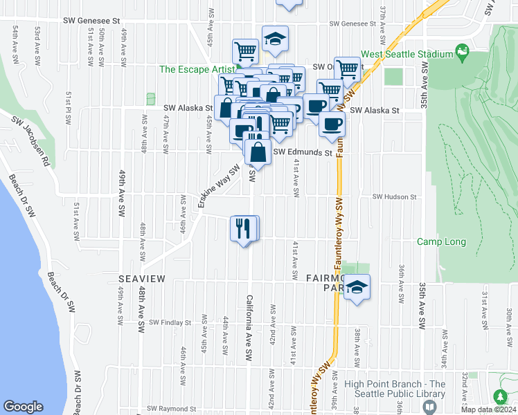 map of restaurants, bars, coffee shops, grocery stores, and more near 4850 California Avenue Southwest in Seattle