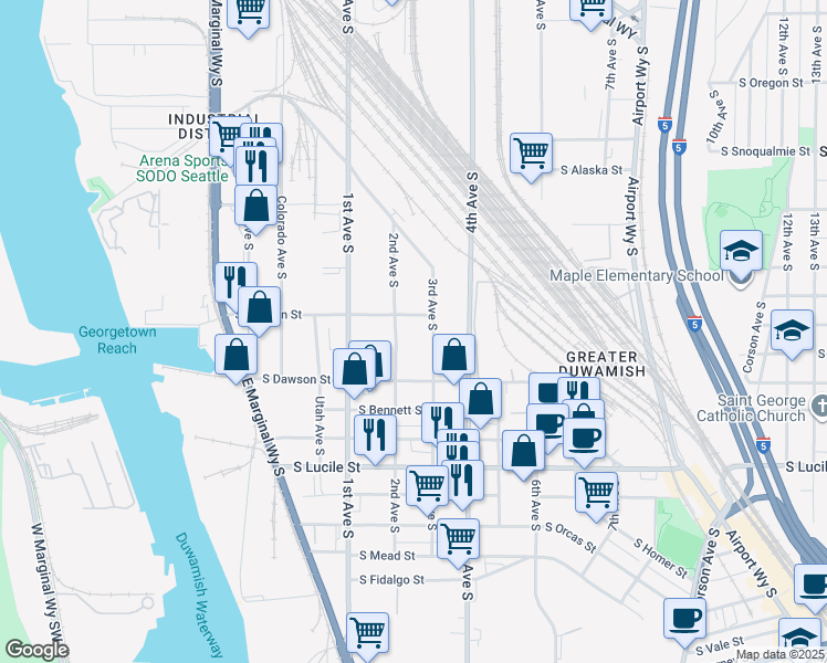 map of restaurants, bars, coffee shops, grocery stores, and more near 5005 3rd Avenue South in Seattle