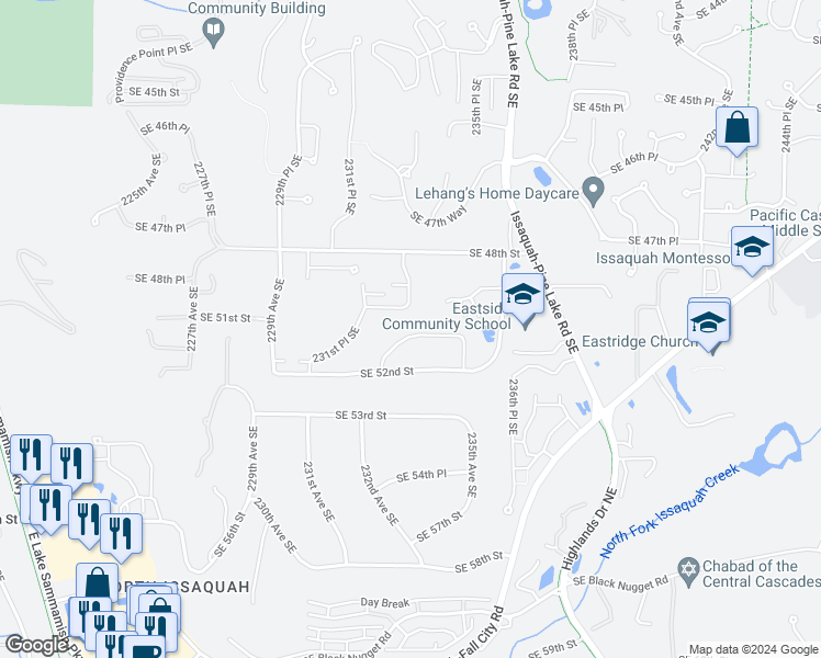 map of restaurants, bars, coffee shops, grocery stores, and more near 23320 Southeast 51st Place in Issaquah