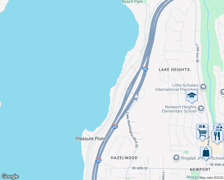 map of restaurants, bars, coffee shops, grocery stores, and more near 5065 Lakehurst Lane Southeast in Bellevue