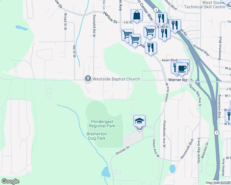 map of restaurants, bars, coffee shops, grocery stores, and more near 5210 West Francis Street in Bremerton