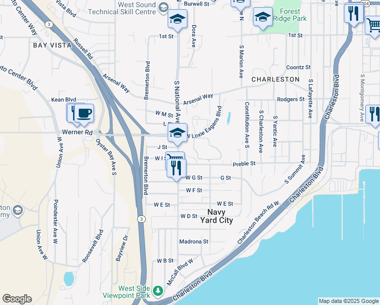 map of restaurants, bars, coffee shops, grocery stores, and more near 520 South National Avenue in Bremerton