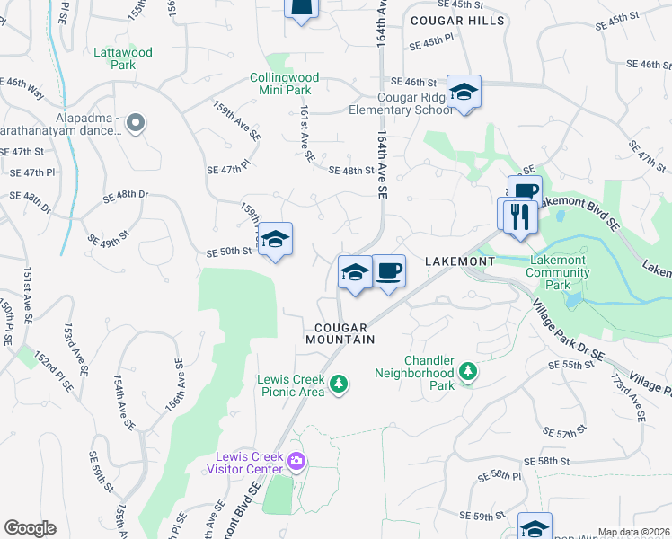 map of restaurants, bars, coffee shops, grocery stores, and more near 5041 163rd Place Southeast in Bellevue