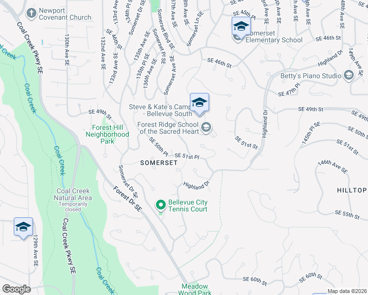 map of restaurants, bars, coffee shops, grocery stores, and more near 5005 136th Place Southeast in Bellevue