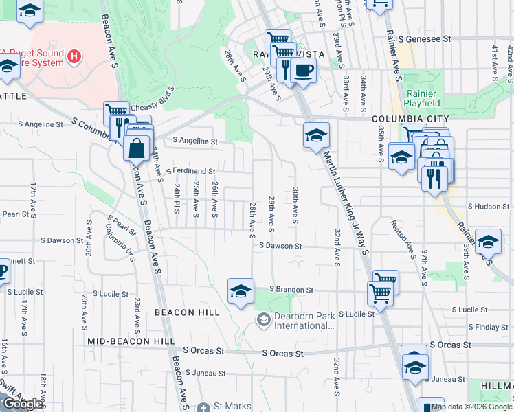 map of restaurants, bars, coffee shops, grocery stores, and more near 2804 South Hudson Street in Seattle