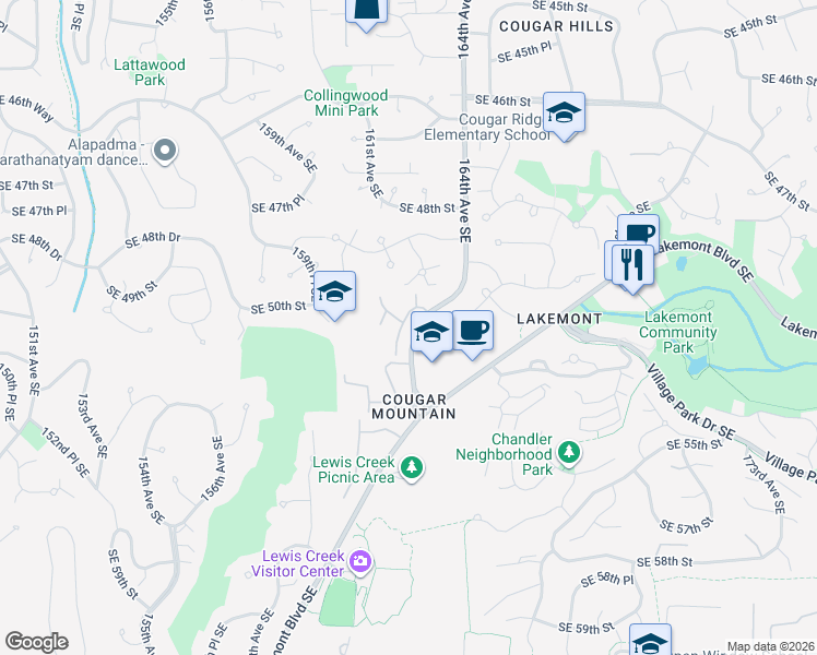 map of restaurants, bars, coffee shops, grocery stores, and more near 5041 163rd Place Southeast in Bellevue