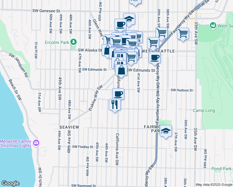 map of restaurants, bars, coffee shops, grocery stores, and more near 5001 California Avenue Southwest in Seattle