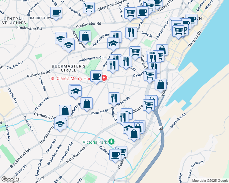 map of restaurants, bars, coffee shops, grocery stores, and more near 28 Coronation Street in St. John's