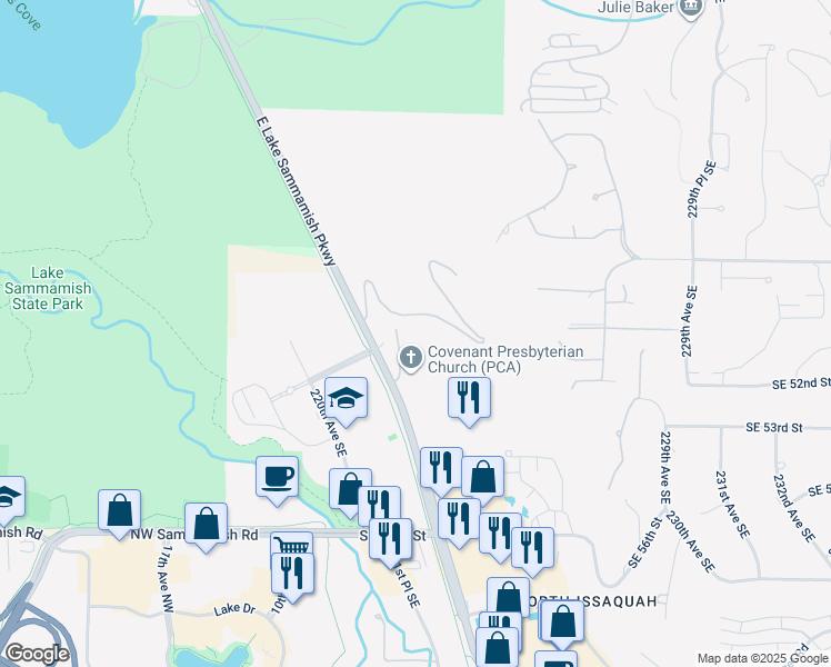 map of restaurants, bars, coffee shops, grocery stores, and more near 22122 Southeast 51st Place in Issaquah