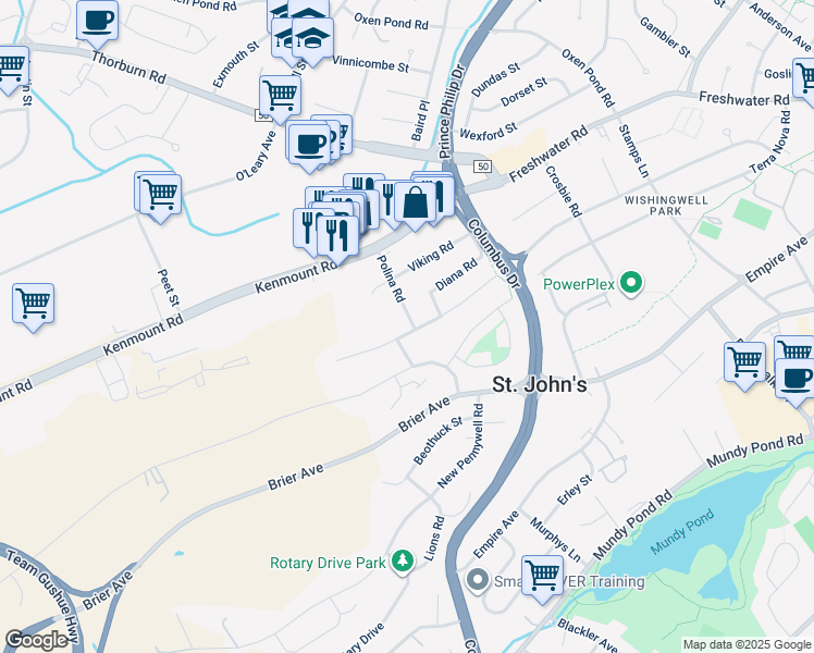 map of restaurants, bars, coffee shops, grocery stores, and more near 5 Polina Road in St. John's
