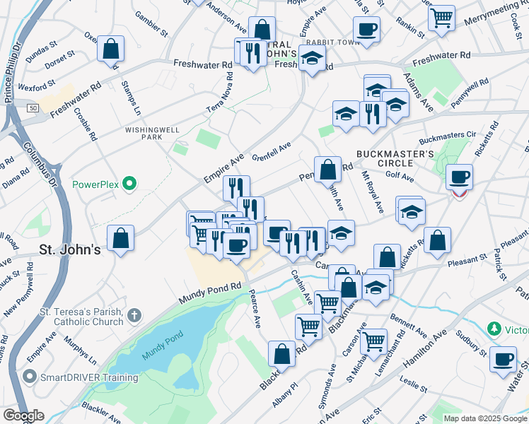 map of restaurants, bars, coffee shops, grocery stores, and more near 40 Cashin Avenue in St. John's