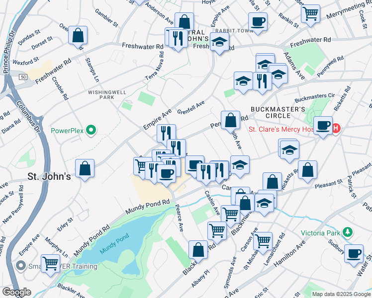 map of restaurants, bars, coffee shops, grocery stores, and more near 40 Cashin Avenue in St. John's