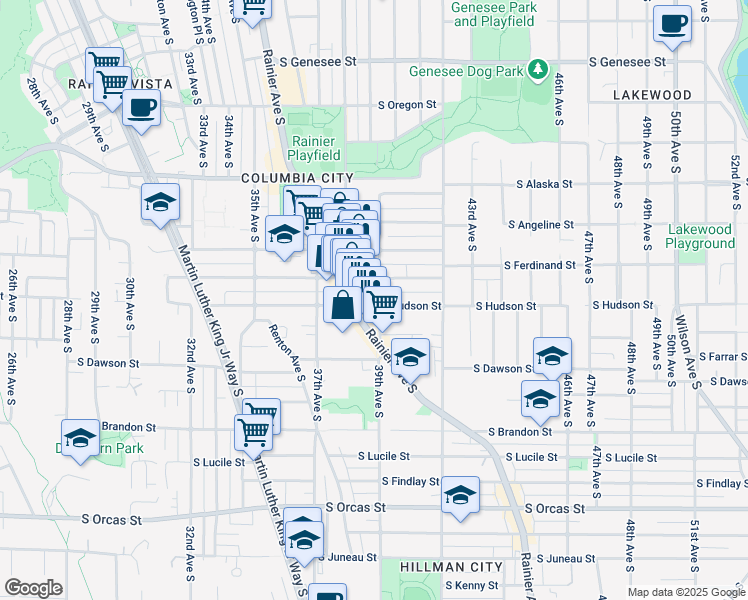 map of restaurants, bars, coffee shops, grocery stores, and more near 3907 South Ferdinand Street in Seattle