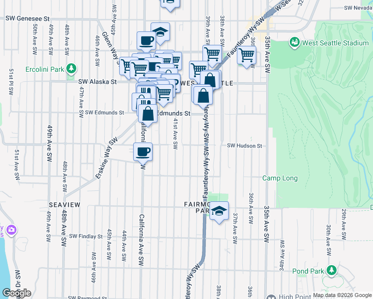 map of restaurants, bars, coffee shops, grocery stores, and more near 4015 Southwest Hudson Street in Seattle