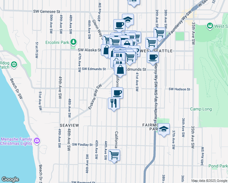 map of restaurants, bars, coffee shops, grocery stores, and more near 4315 Southwest Hudson Street in Seattle