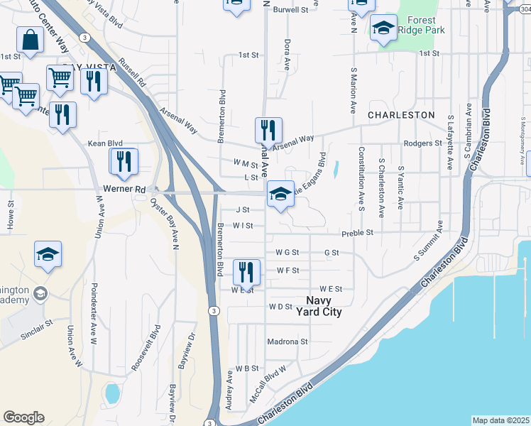map of restaurants, bars, coffee shops, grocery stores, and more near 4108 J Street in Bremerton