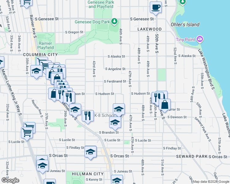 map of restaurants, bars, coffee shops, grocery stores, and more near 4921 45th Avenue South in Seattle