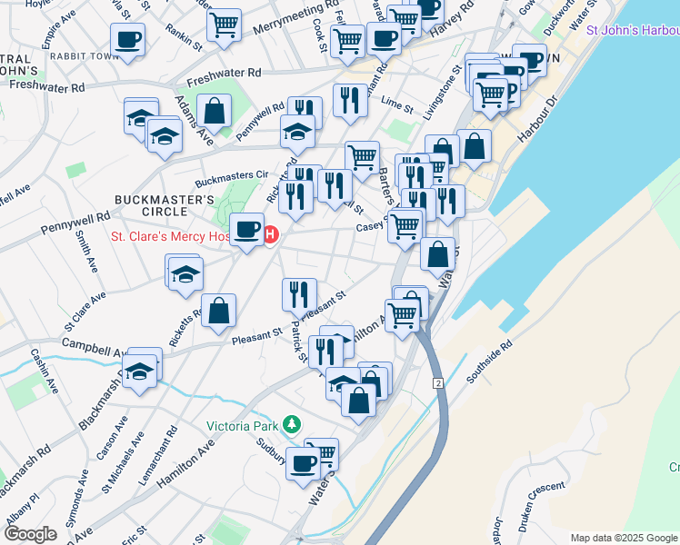 map of restaurants, bars, coffee shops, grocery stores, and more near 48 Gilbert Street in St. John's