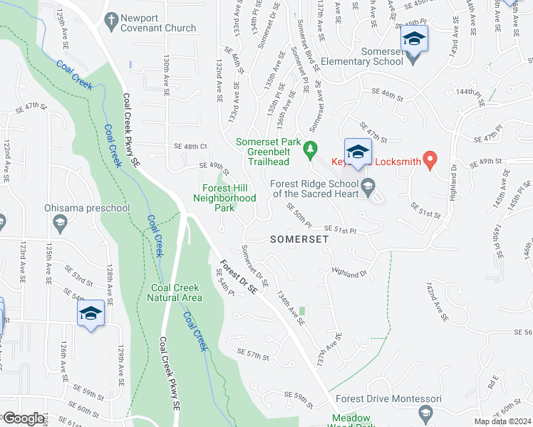 map of restaurants, bars, coffee shops, grocery stores, and more near 5011 134th Place Southeast in Bellevue