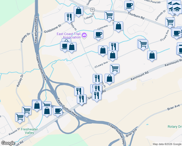 map of restaurants, bars, coffee shops, grocery stores, and more near 17 Pippy Place in St. John's