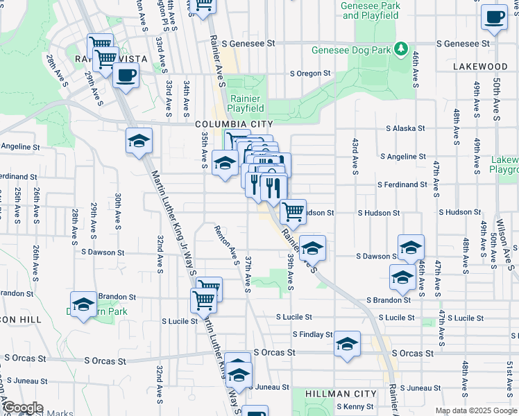 map of restaurants, bars, coffee shops, grocery stores, and more near 3701 South Ferdinand Street in Seattle