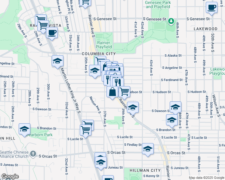 map of restaurants, bars, coffee shops, grocery stores, and more near 4910 Rainier Avenue South in Seattle