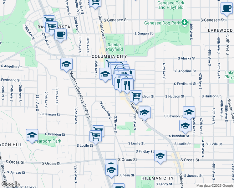 map of restaurants, bars, coffee shops, grocery stores, and more near 3701 South Ferdinand Street in Seattle