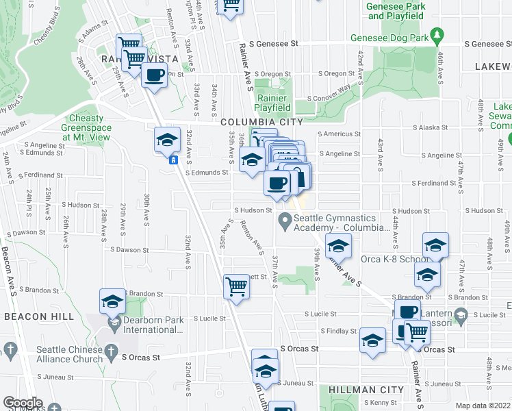 map of restaurants, bars, coffee shops, grocery stores, and more near 3534 South Hudson Street in Seattle
