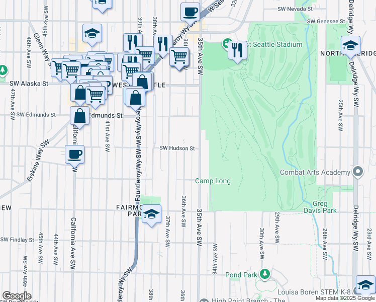 map of restaurants, bars, coffee shops, grocery stores, and more near 5000 36th Avenue Southwest in Seattle